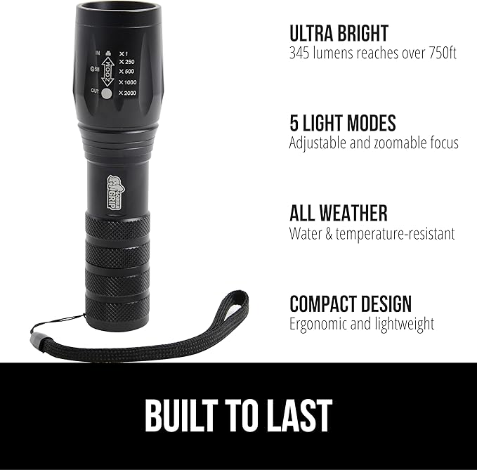 GORILLA GRIP Powerful LED Tactical Flashlight, 750 FT High Lumens 5 Adjustable Modes, Water Resistant, Ultra Bright Zoom Flashlights, Small Mini Flash Light, Camping, Night Dog Walking, Black