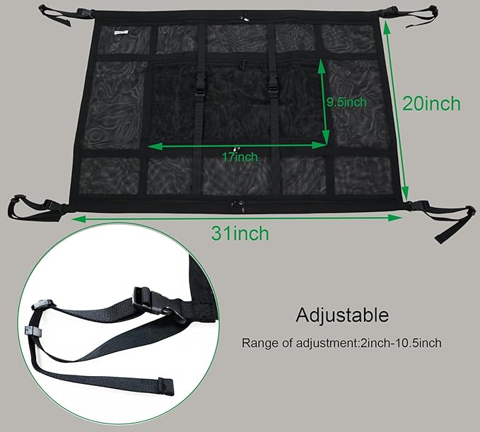 Car Ceiling Cargo Net Pocket, 31"x20" Double-Layer Mesh Car Roof Storage Organizer Strengthen Load-Bearing and Reduce Sagging Cargo Net Truck SUV Long Road Trip Camping Interior Accessories
