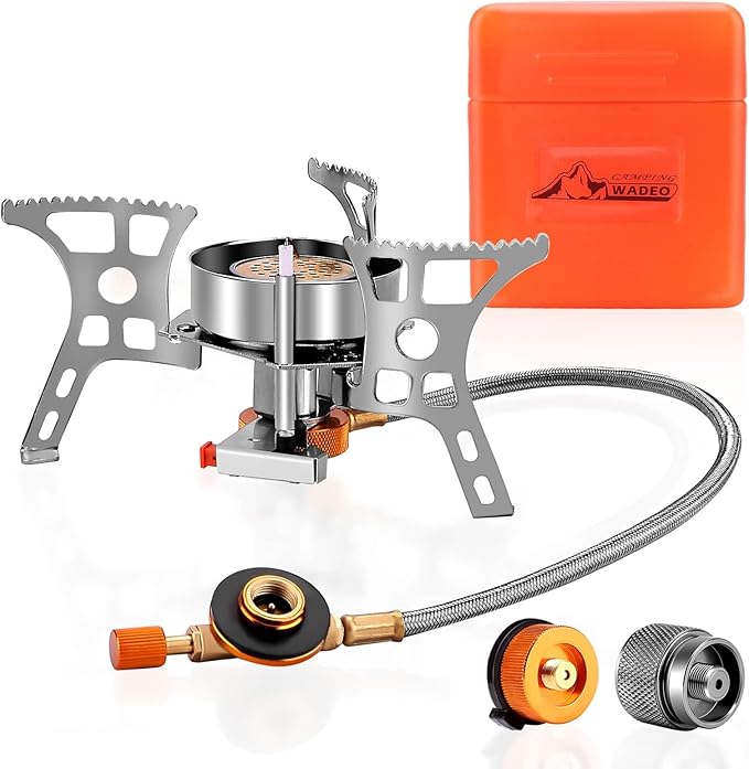 WADEO 3900W Windproof Camping Stove, Camping Gas Stove with Piezo Ignition, Backpacking Stove Portable Camping Stove with Two Fuel Canister Adapter for Outdoor Backpacking Hiking and Picnic