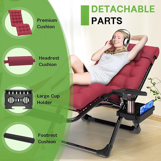 ZENPETIO 29In XL Zero Gravity Chair w/Cushion, Zero Gravity Recliner Lounge Chair for Indoor and Outdoor, Reclining Camping Chair for Lawn, Anti Gravity Chair with Cup Holder and Footrest, 440LBS
