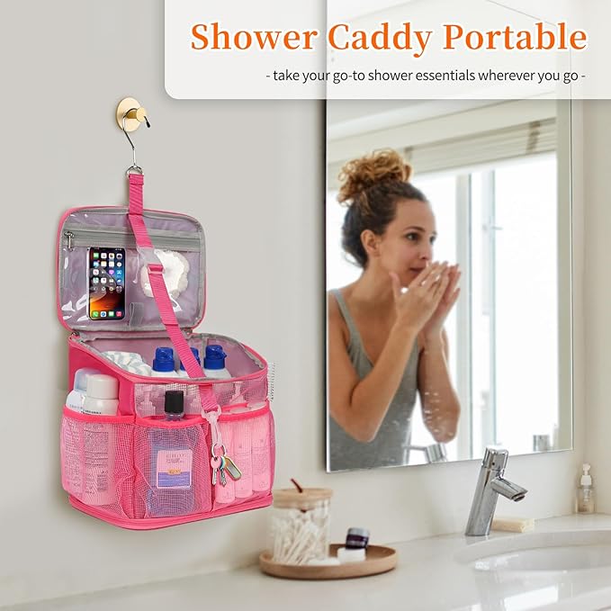 CUBETASTIC Shower Caddy Portable Mesh Shower Tote for Bathroom, Gym, Travel, Camping - Quick Dry Hanging Organizer Toiletry Bag with Handle for College Dorm Room, Men & Women (A# Hot Pink, 9.8")