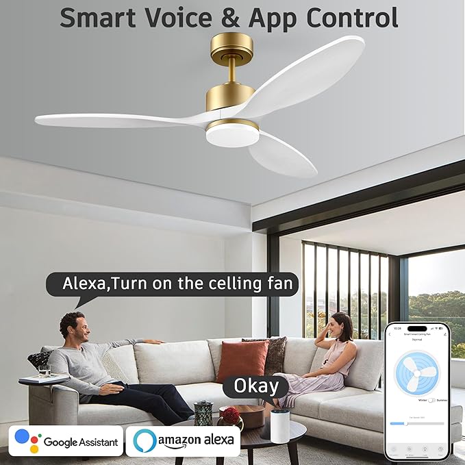 52" Wood Smart Ceiling Fans with Remote,Quiet DC Motor,Dimmable,Control with Alexa Google Voice App,Outdoor Indoor Modern Ceiling Fan for Bedroom Patio,Gold and White