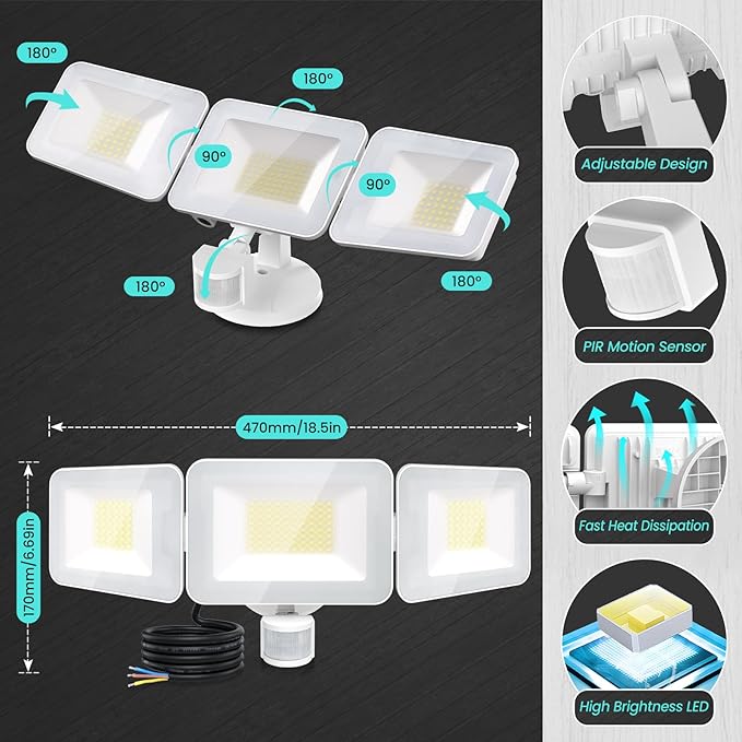 MEIKEE 100W Motion Sensor Flood Lights Outdoor, 9600lm 6500K LED Sensor Security Lights, IP66 Waterproof, 3 Adjustable Heads Motion Detected Flood Lighting for Garage, Yard, Porch