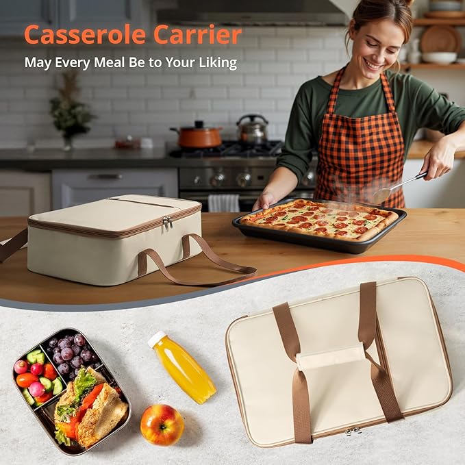 Insulated Casserole Carrier for Hot or Cold Food,Pie Carrier Bag Lunch Tote for Potluck Parties/Picnic/Cookouts, Fits 9"x13" Baking Dish,Single Beige