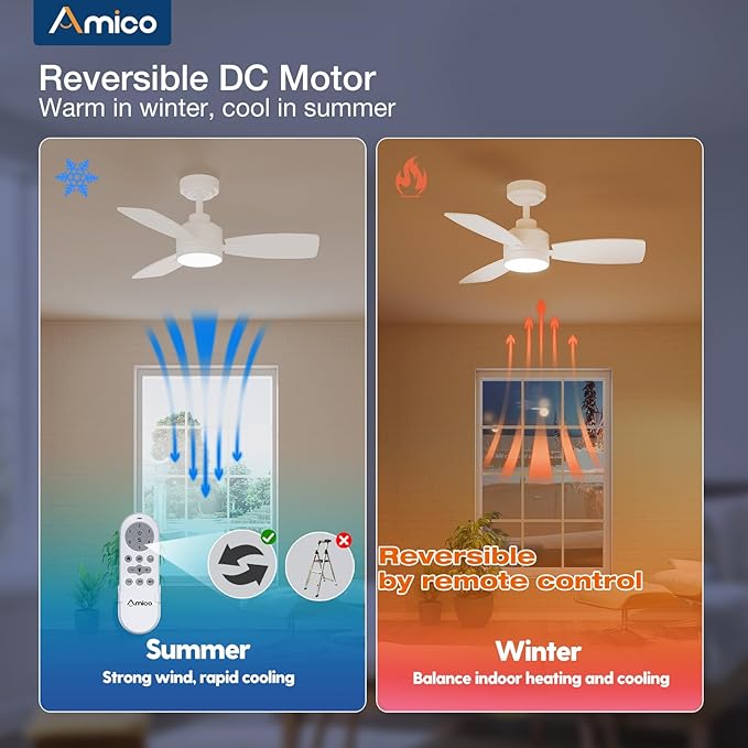 Amico Ceiling Fans with Lights, 36 inch Ceiling Fan with Light and Remote Control, Reversible, 3CCT, Dimmable, Noiseless, Small White Ceiling Fan for Bedroom, Indoor/Outdoor Use