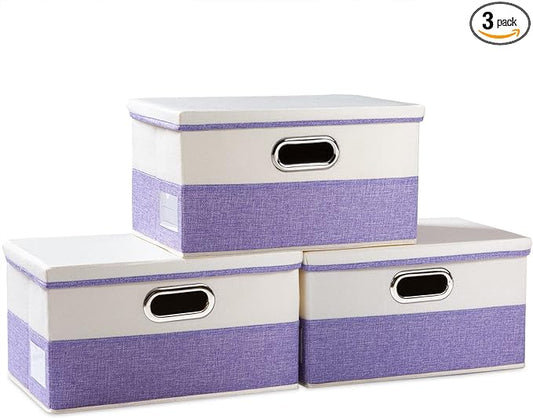 PRANDOM Collapsible Storage Bin with Lid [3-Pack] Fabric Foldable Storage Box Organizer Container Basket Cube with Cover for Home Bedroom Closet Office Nursery Purple&Cream(14.9x9.8x9.8)