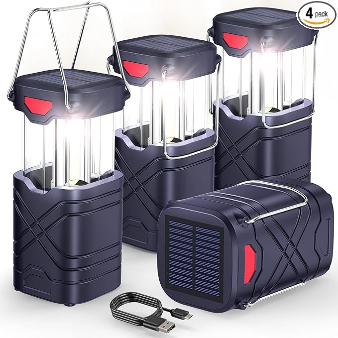 LETMY 4 Pack Camping Lantern, Rechargeable LED Lanterns, Solar Lantern Battery Powered Hurricane Lanterns Flashlight with 3 Powered Ways & USB Cable for Emergency, Power Outage, Hurricane Supplies