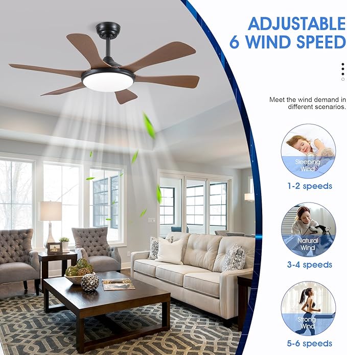 Ceiling Fans with Lights-47 Low Profile Ceiling Fan with Light and Remote/APP Control,Flush Mount,DC Reversible,LED Dimmable Ceiling Fans for Bedroom,Indoor/Outdoor Patio Use(Brown)