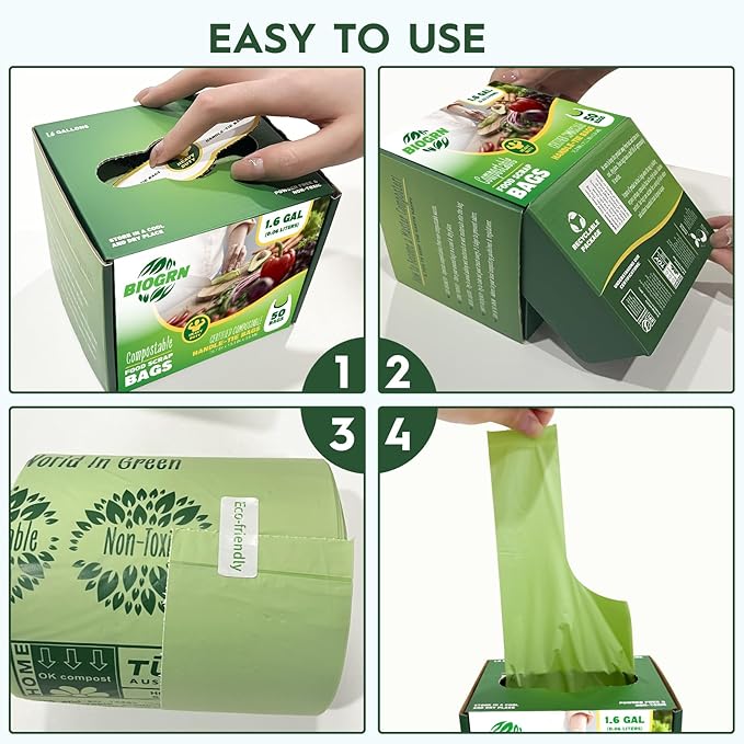 Compostable Trash Bags 1.2-1.6 Gallon with Handles 50 Count 0.6 Mil 6.06 Liter Heavy Duty Small Kitchen Food Scrap Waste Compost Bags for Countertop Bin ASTM D6400 & BPI Certified, OK Compost Home