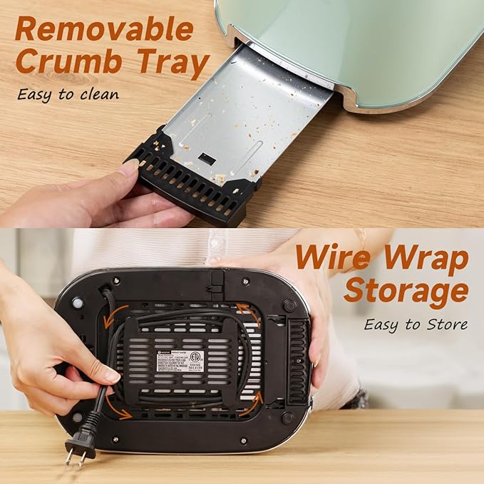 Aigostar Toaster 2 Slice Retro Toaster Stainless Steel, 1.6 inch Extra Wide Slots Bread Toaster Bagel, Cancel, Defrost Function, 6 Shade Settings & Removable Crumb Tray for Bread Waffle, Aqua Green