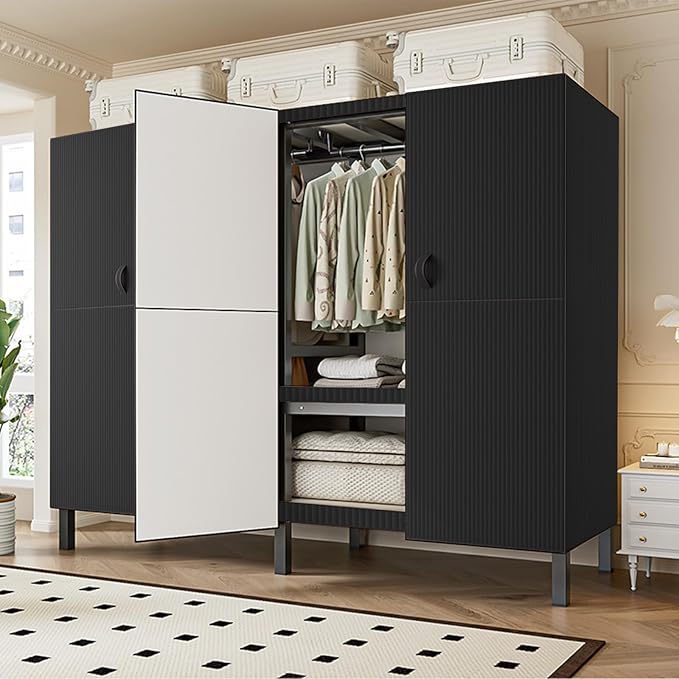 FPIGSHS Heavy Duty Clothes Rack with Magnetic Door 2000LBS Foldable Portable Wardrobe Closet for Hanging Clothing Rolling Garment Rack on Wheels for Bedroom Closet System (A（Black Door）, 41.3in)