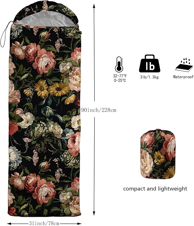 Sleeping Bags for Adults and Kids，3D Printing Camping Sleeping Bag for Girls Boys Lightweight Waterproof Cold/Warm 3-Season，Outdoor Travel with Compression Bags