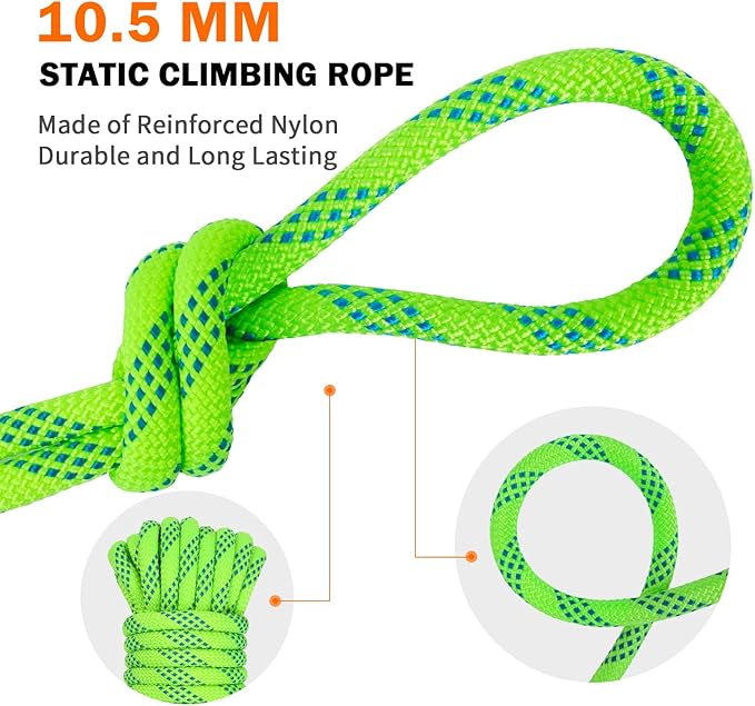 AOLEBA 10.5 mm Static Climbing Rope 10M(32ft) 20M(64ft) 30M(96ft) 50M(160ft) 70M(230ft) Outdoor Rock Climbing Rope, Escape Rope Ice Climbing Equipment Fire Rescue Parachute Rope