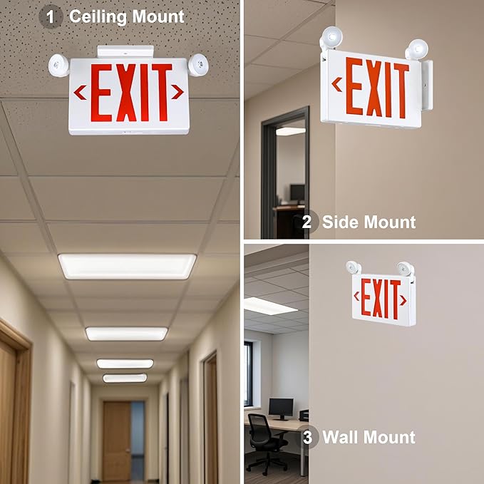 Gruenlich Exit Signs with Emergency Lights, 2 Adjustable LED Head with Battery Backup, 94V-0 Fire Resistant, AC 120/277V, Hardwired Commercial Emergency Light Combo for Business, 2 Pack
