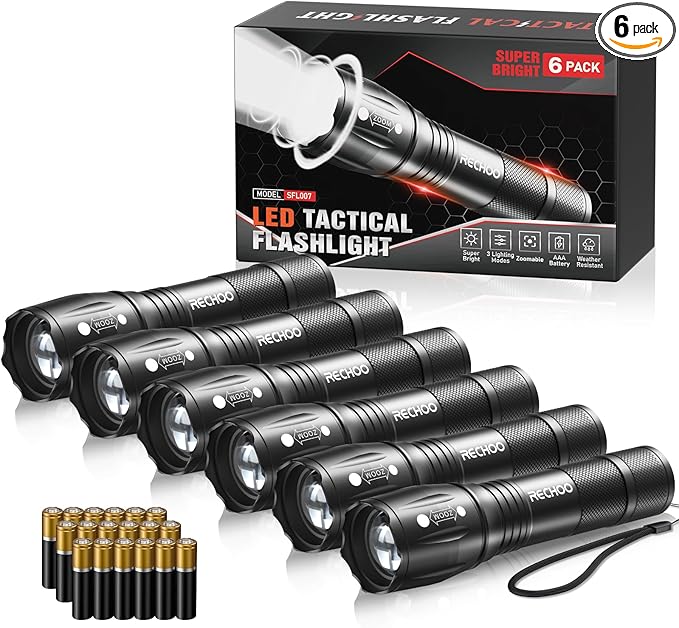RECHOO LED Flashlight 6 Pack, Tactical Flashlights High Lumens with 3 Modes, Pocket Small Flash Light, Waterproof Zoomable Flashlights for Home Emergency, Camping Essentials (Battery Included)