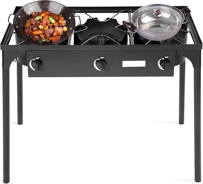 Happygrill Camping Stove Outdoor, High Pressure 3 Burner Propane Gas Camp Stove w/Detachable Legs, 225,000-BTU Output, 0-20 PSI Regulator, Portable Camping Burner Picnic Cookout
