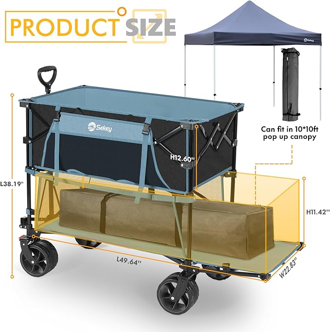 400L Large Capacity Folding Double Decker Wagon with Brakes, 50" Extra Long Extender Cart, 500lbs Heavy Duty Collapsible Wagons, All-Terrain Big Wheels for Camping, Sports, Shopping. Blue
