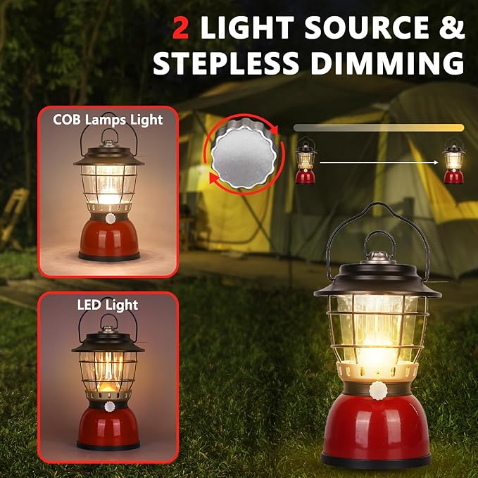 LED Camping Lantern Rechargeable Stepless Dimming Vintage Rechargeable Vintage Lantern, 4000mAh Power Bank, IPX5 Waterproof Portable Hanging Lamp for Camping Hiking Emergency and Power Outage