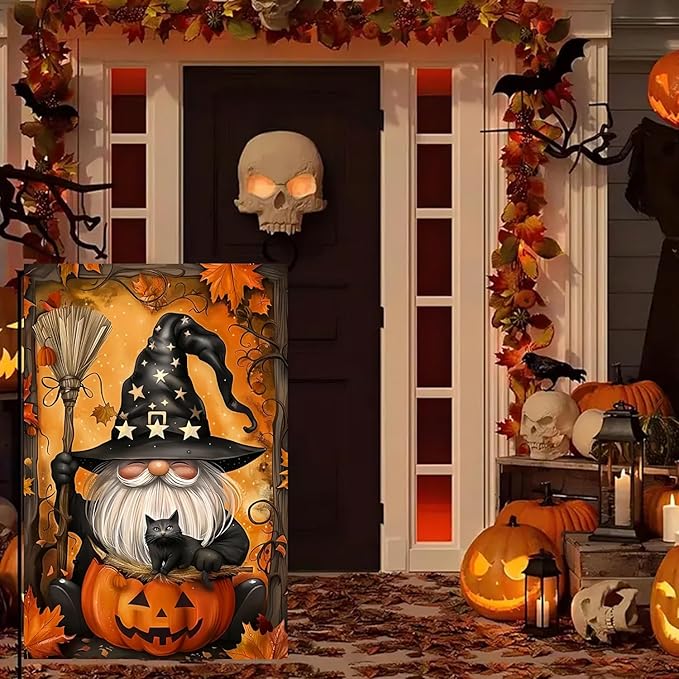 Halloween Garden Flag for Outside 12x18 Inch Double Sided, Gnome Pumpkin Small Yard Flags for Outside, Outdoor Welcome Flag Front Porch Decorations for Home