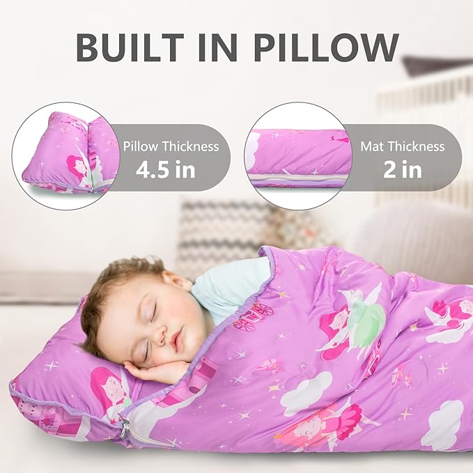 Primlect Toddler Nap Mat Extra Large Thickened 55''x35'', Soft Sleeping Bag with Detachable Minky Blanket and Pillow, Portable for Daycare, Preschool, Kindergarten, Travel, Boys and Girls