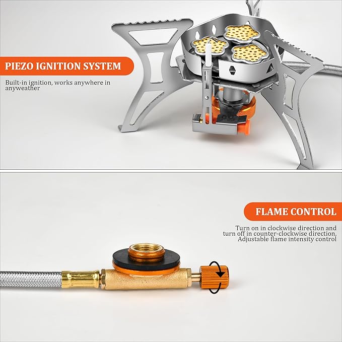 6800W Portable Windproof Camping Stove - Foldable Backpacking Stove with Piezo Ignition, Fuel Canister Adapter & Carry Case for Outdoor Cooking, Hiking & Picnics