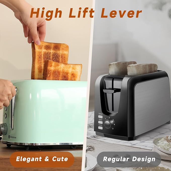 Aigostar Toaster 2 Slice Retro Toaster Stainless Steel, 1.6 inch Extra Wide Slots Bread Toaster Bagel, Cancel, Defrost Function, 6 Shade Settings & Removable Crumb Tray for Bread Waffle, Aqua Green