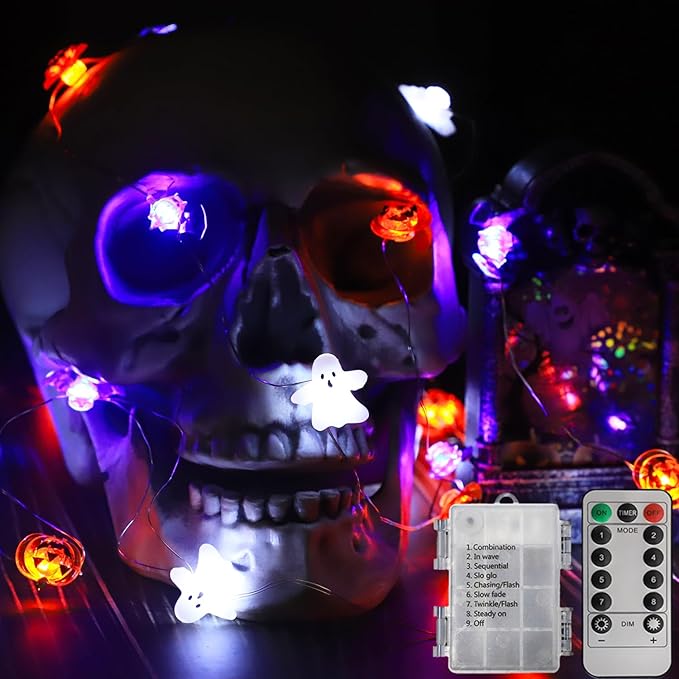 Halloween Lights White Ghost Purple Bat Orange Pumpkin, 30 LED Copper String Lights with Remote Control Battery Operated Fairy Lights for Cosplay Party, Gothic Halloween Decor (White, Purple, Orange)