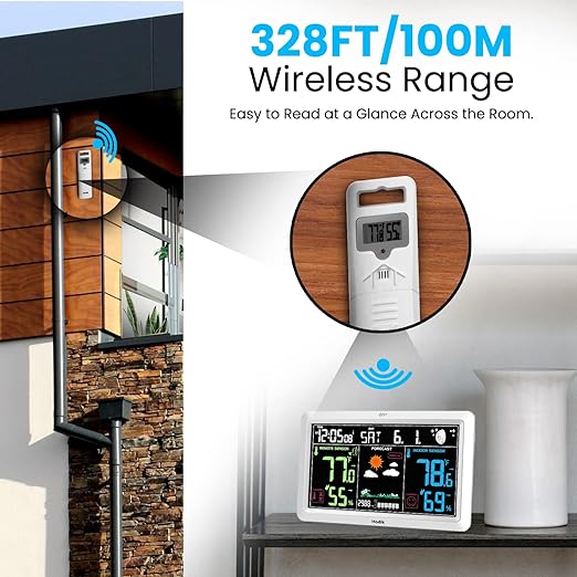 Weather Station with Atomic Clock Indoor Outdoor Thermometer Wireless, Humidity and Temperature Monitor Barometer Hygrometer with High Precision Sensor White