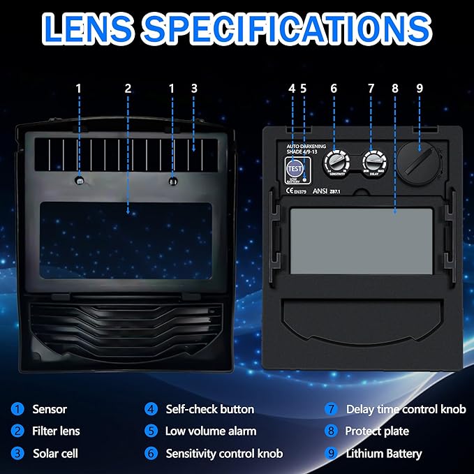 Auto Darkening Welding Helmet with Large Viewing Screen, Solar Powered, Adjustable Shade Range 9-13, Lightweight Welding Mask for TIG MIG ARC Plasma Cutting