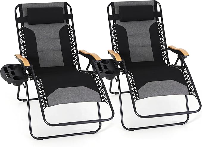 MFSTUDIO Zero Gravity Chairs Set of 2, XL Oversized Outdoor Anti Gravity Chair, Patio Lounge Folding Adjustable Chair with Cup Holder & Padded Headrest, Support 400lbs,Black