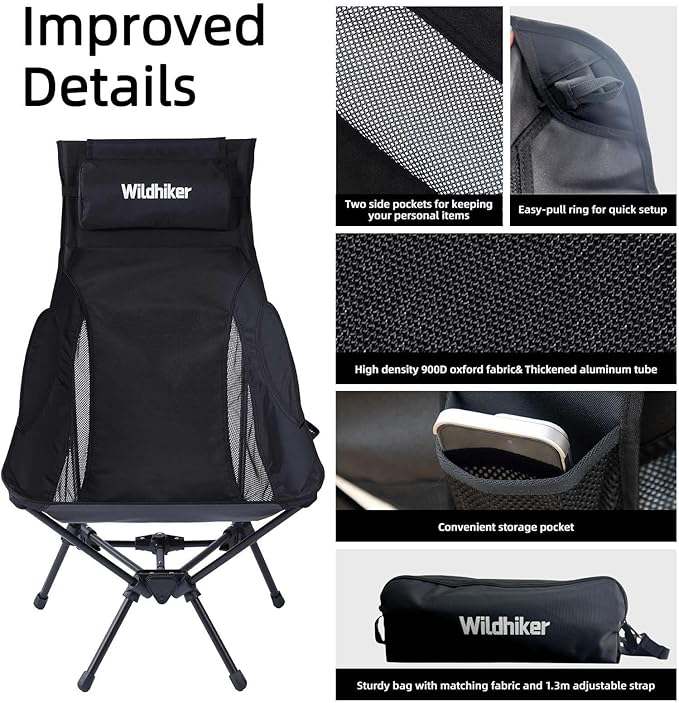 Wildhiker Portable Compact Folding Camping Chairs – Lightweight High Back with Pillow, Deep Recline, ArmPads, Side Pockets-for Motorcycle, RV, Backpacking,Travel，Festival – Black