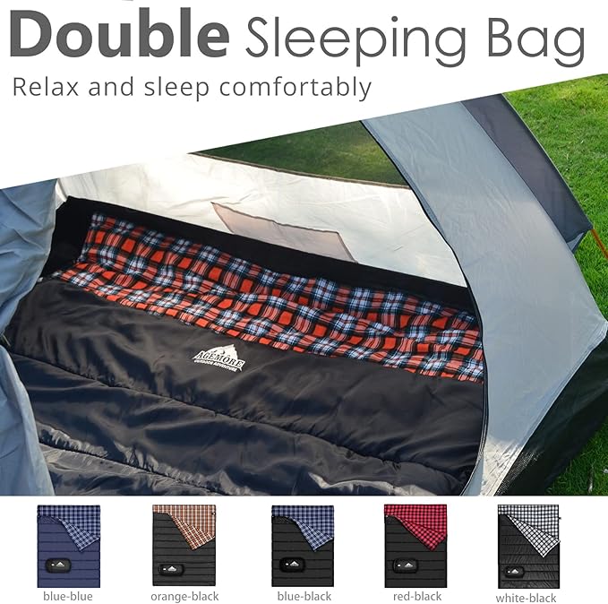 AGEMORE Cotton Flannel Double Sleeping Bag for Camping, Backpacking Or Hiking. Queen Size 2 Person Waterproof Sleeping Bag for Adults Or Teens. Lightweight with Compression Sack