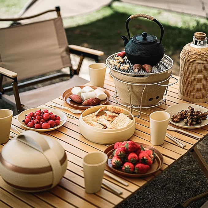 Camping Dishes Picnic Set, Camping Plates Cups and Bowls Set with Chopsticks and Spoons, BPA Free, 17PCS Portable Plastic Reusable Cutlery Set for 4, Portable Small Size, Not Microwave/Dishwasher Safe