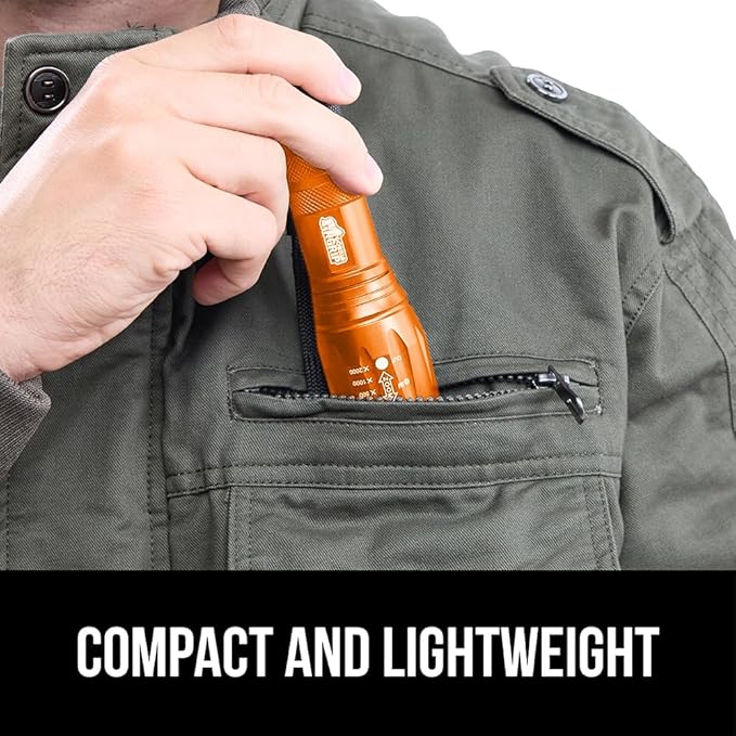 GORILLA GRIP Powerful LED Tactical Flashlight, 750 FT High Lumens 5 Adjustable Modes, Water Resistant, Ultra Bright Zoom Flashlights, Small Mini Flash Light, Camping, Night Dog Walking, Orange