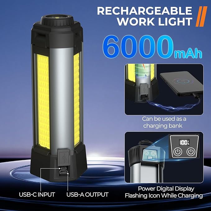 Rechargeable LED Work Light with Stand, Cordless Camping Light with Portable Telescopic Bracket, 6AH Battery, 2000Lumen Outdoor Construction Lights with Carrying Bag (Large)