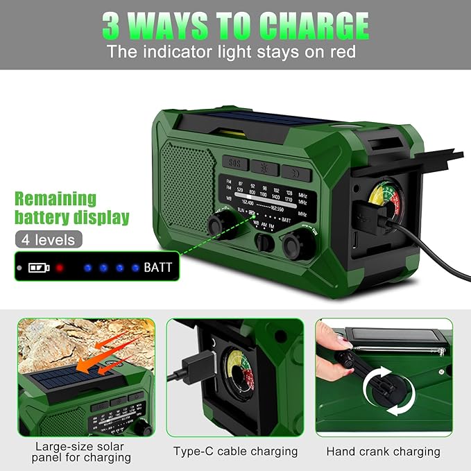 10000mAh Emergency Hand Crank Radio with LED Flashlight, AM/FM NOAA Portable Weather Alert Radio, Solar Powered Radio with Phone Charger, USB Charged, Headphone Jack, SOS Alarm, Compass for Outdoors