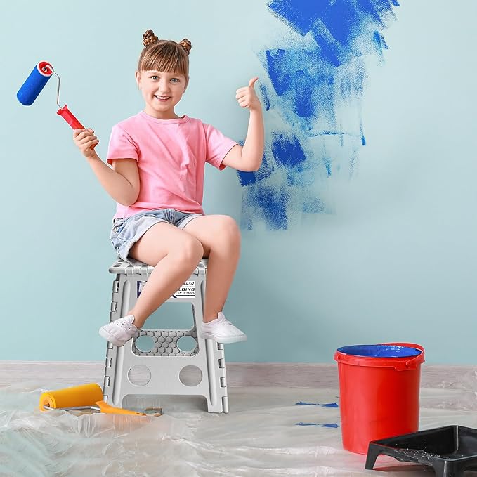 Delxo 16 Inch Folding Step Stool,Foldable Stool for Adults,Portable Collapsible Plastic Stepstool,Non Slip Folding Stools for Kitchen Bathroom Bedroom Up to 400LBS,(Grey 1PC)