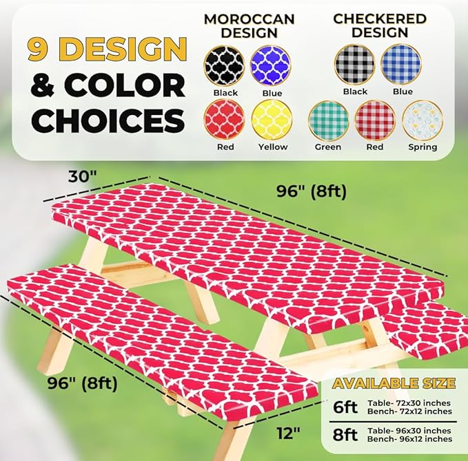 RNOONY 8ft Vinyl Picnic Table Cover with Bench Covers,3PCS Tablecloth with Moroccan Design, Camping Tablecloth and Travel Accessories, Flannel Backing with Elastic Edges,96x30 Inches (Red Moroccan)