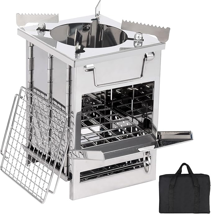 Portable Camping Wood Stove for Cooking, Folding Lightweight Stainless Steel Wood Stove with Grid and Pot Stand for Outdoor Camping Hiking Backpacking BBQ Picnic, Small