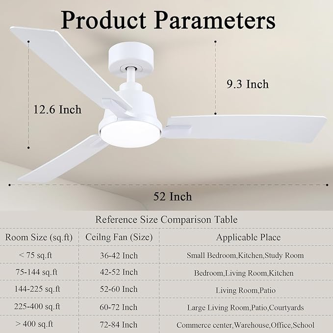 52 Inch Ceiling Fans with Lights,Low Profile Ceiling Fan,Modern Flush Mount,Reversible 6 Speeds,3CCT Dimmable Noiseless White Ceiling Fans for Living Room,Bedroom and Patio,ETL Listed