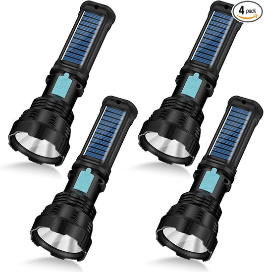 Led Solar Flashlight, 1500 Lumens Led Solar Handheld Rechargeable Flashlights with IP65 Waterproof, 2000mAh Battery for Survival Emergencies Camping (4 Pack)