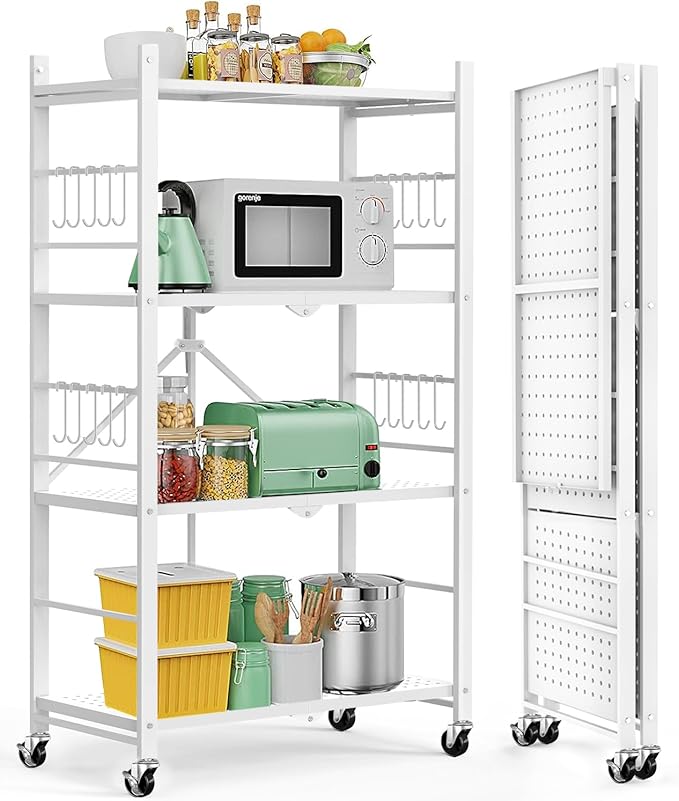 Himix Storage Shelves with 20 Hooks, 4-Tier Foldable Shelves for Storage, Folding Shelf Unit Pantry Shelves with Wheels, Metal Shelving Storage Rack Shelf for Kitchen Garage Home, White - No Assembly