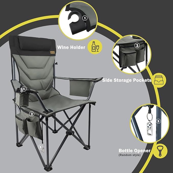 Outdoor Folding Camping Chair-Oversize Camping Chairs for Adults,Support 400lbs with Pillows & Cup Holders & Cooler Bags - Heavy Duty Collapsible Chairs for Sports Garden Beach Fishin(Blackgray)