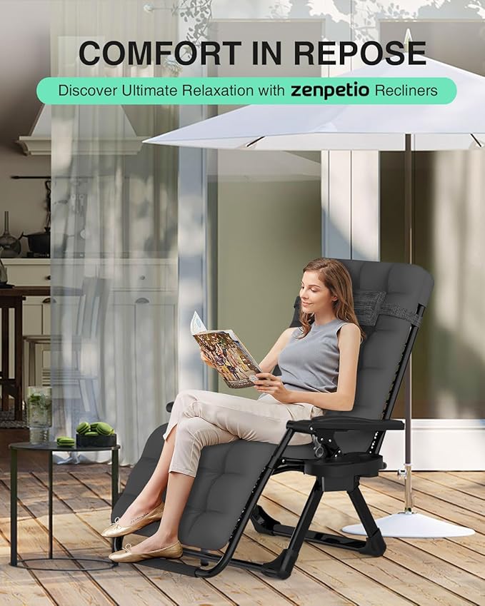 ZENPETIO Zero Gravity Lounge Chair, Foldable Outdoor Recliner with Detachable Cushion, Portable Anti Gravity Lounger for Camping, Patio, Poolside, Lawn - Ash Grey
