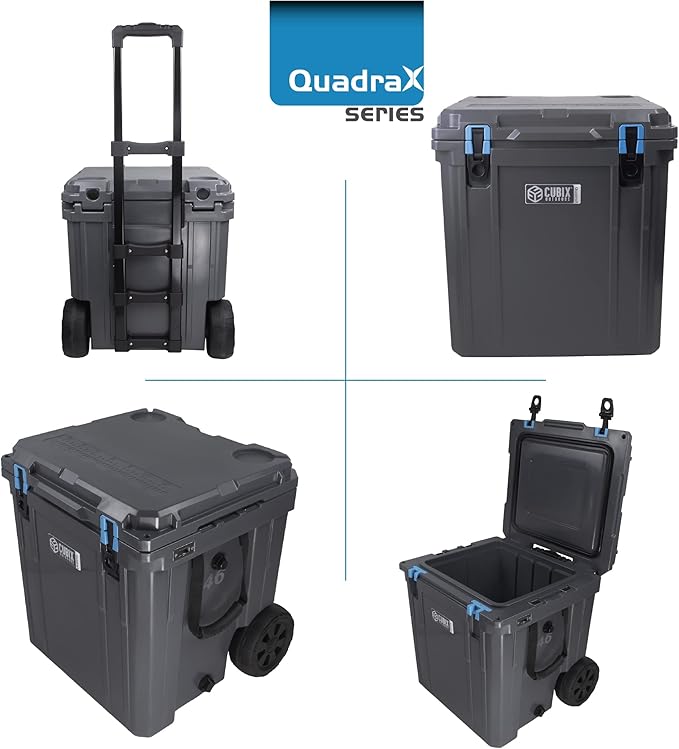 QuadraX 46QT Wheeled Rotomolded Portable Hard Cooler for Camping, Fishing, Beach | Heavy Duty Insulated Ice Chest with Wheels and Handle | Cold Retention 5 Days