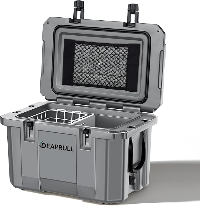 Hard Cooler, Insulated Ice Chest Box Holds Ice for More Days, Portable Cooler with Handle, Cup Holders, Double Latches for Camping Drink, Beach, Picnic, Fishing, Boat, Barbecue