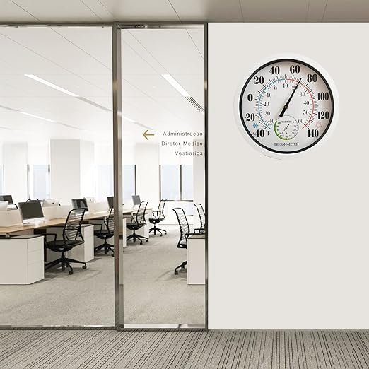 Indoor Outdoor Thermometer Large Numbers 12 Inch Wall Weather Thermometer Hanging Garden Decor Hygrometer No Battery Needed (White)