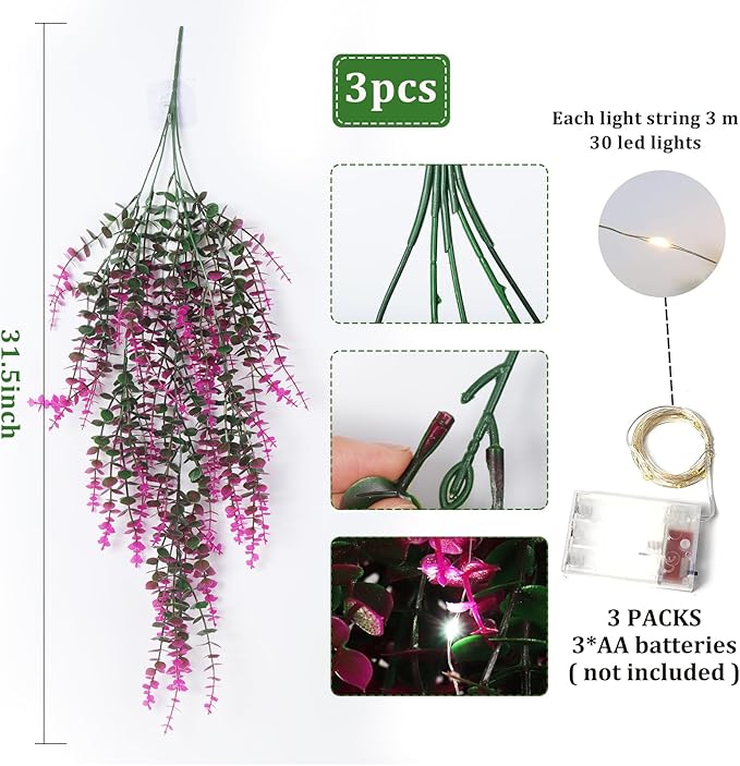 Fake Hanging Planta Faux Hanging Plants Indoor Artificial Decor outdoor Faux Plants UV Resistant Fake Hanging Plants for Wall House Room Patio Indoor Outdoor Home Shelf Office Wall Decor(Fuchsia)