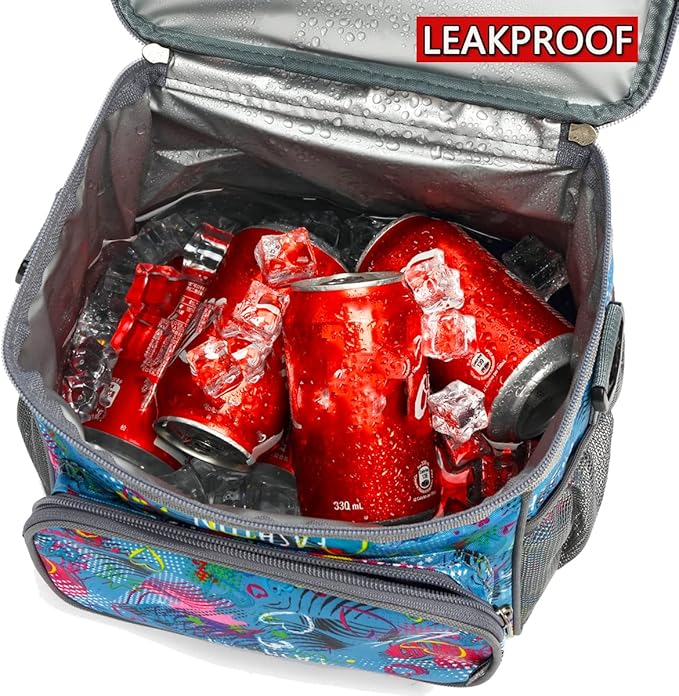 FlowFly Insulated Reusable Lunch Bag Adult Large Lunch Box for Women and Men with Adjustable Shoulder Strap,Front Zipper Pocket and Dual Large Mesh Side Pockets,Heart