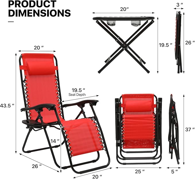 MoNiBloom Recliner Patio Lounge Chairs Set of 3, Adjustable Outdoor Beach Chairs w/Folding Table, Pillow and Cup Holder Tray, 330lbs Capacity, Red